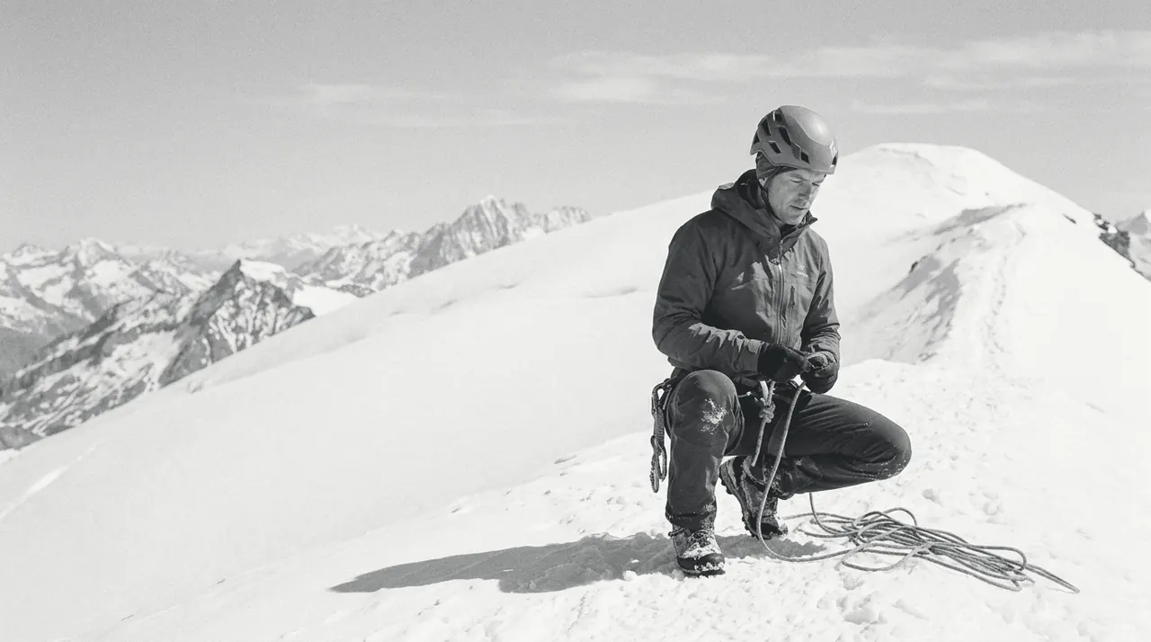 A mountaineer kneels on a sunlit snow ridge, checking the rope at his harness before moving on.